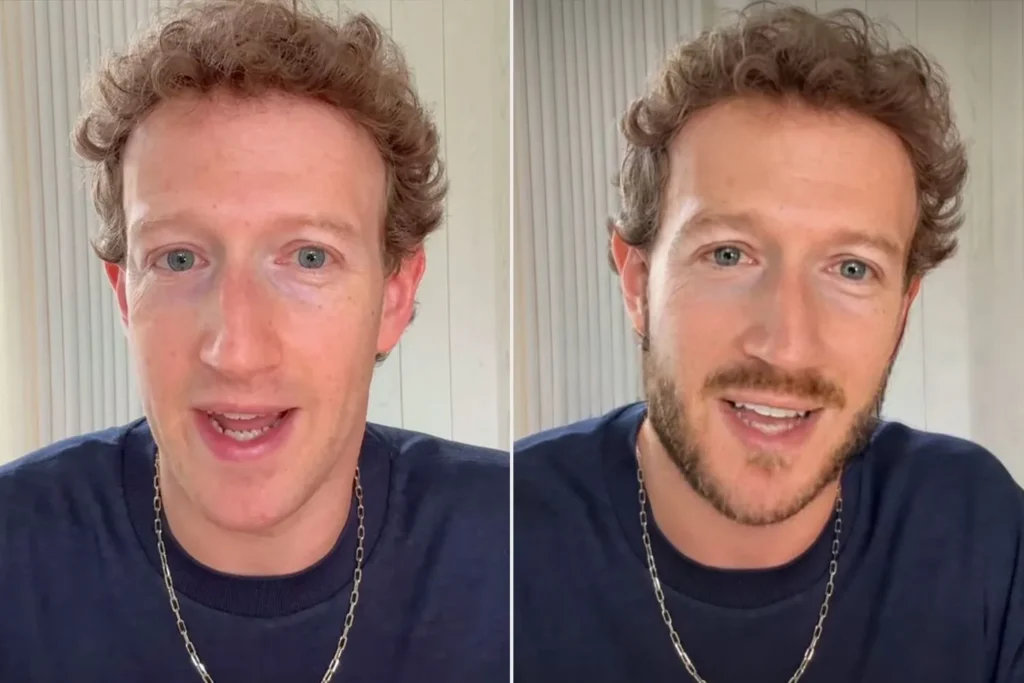 A világ leggazdagabb emberei: Mark Zuckerberg 2024-ben a Meta AI bejelentésekor és a mesterséges intelligencia által generált verziója szakállal