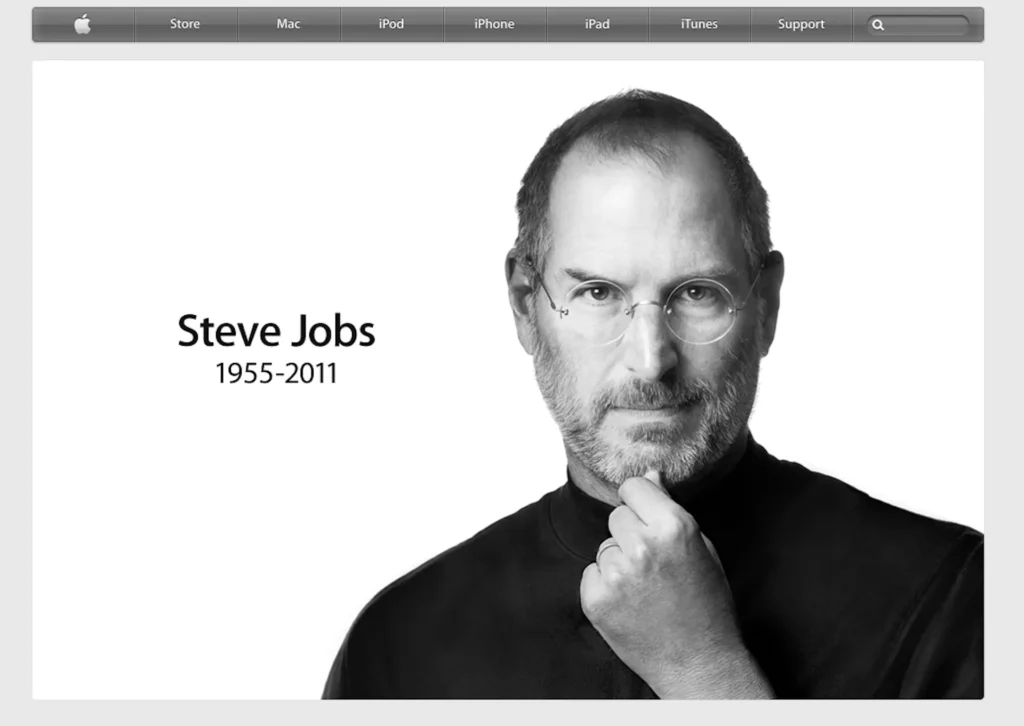 Az Apple weboldala Steve Jobs halála után. Gyász